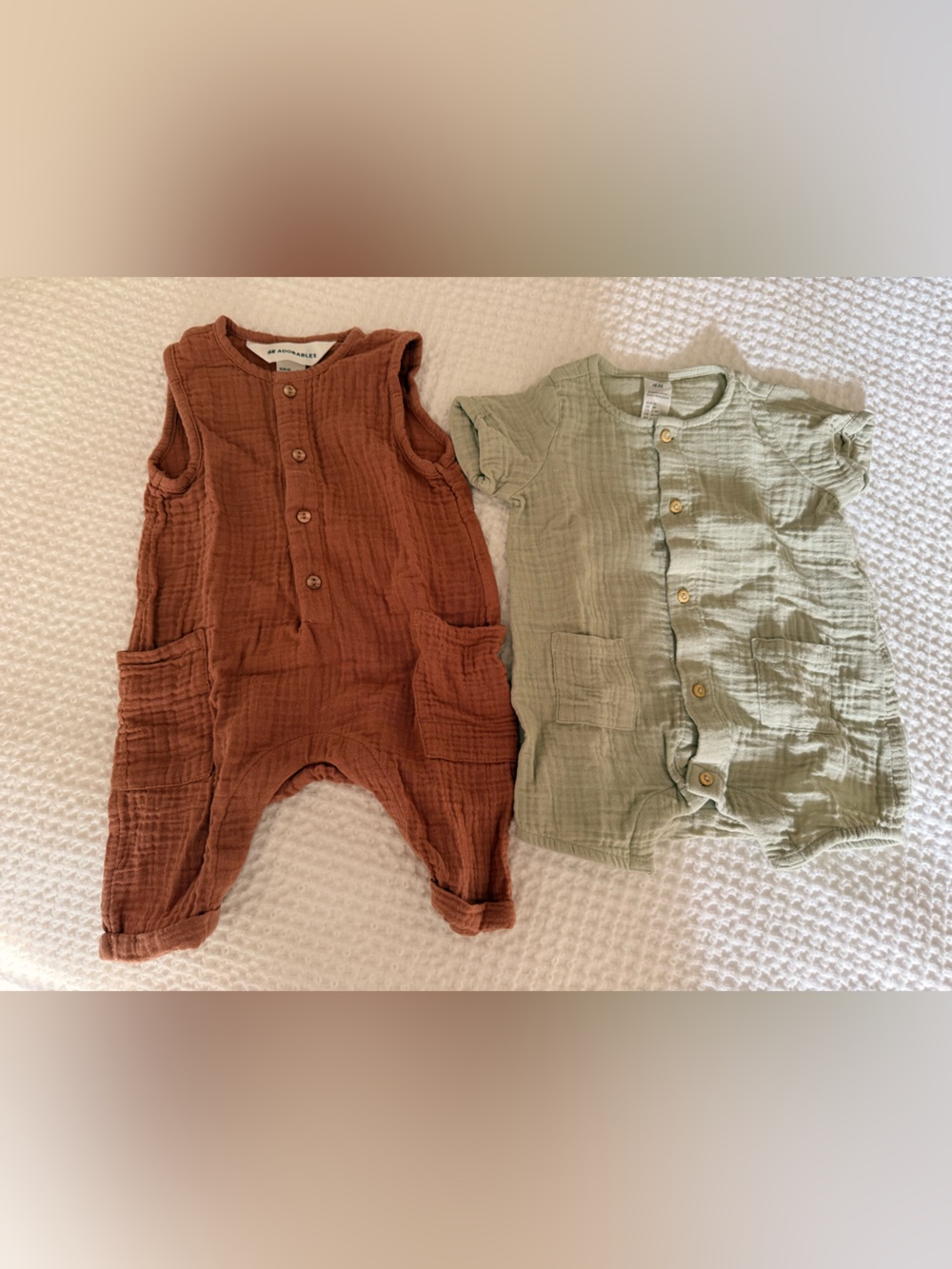 H&M Adorables Rust Muslin Baby Romper & Sage Green Short Sleeve Romper